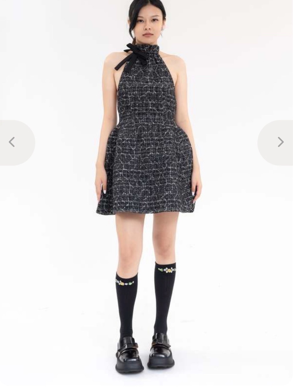 SHUSHU/TONG Tweed Halter Puff Mini Dress Black White Designer Size 6 - Picture 3 of 11